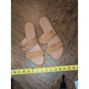 Kensie Tan Scalloped Slide Sandals with Colorful Grommets and Studs Womens 8.5